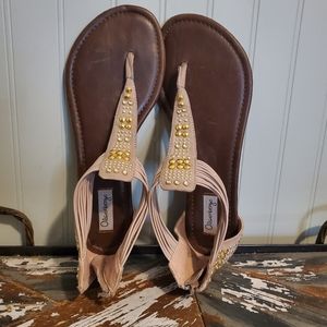 Rhinestoned Beige Sandals T Strap Zip Up Neutral Gold Silver US 8.5